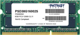 Модуль памяти SO-DIMM  8Gb DDR III PC-12800 1600MHz Patriot (PSD38G16002S)